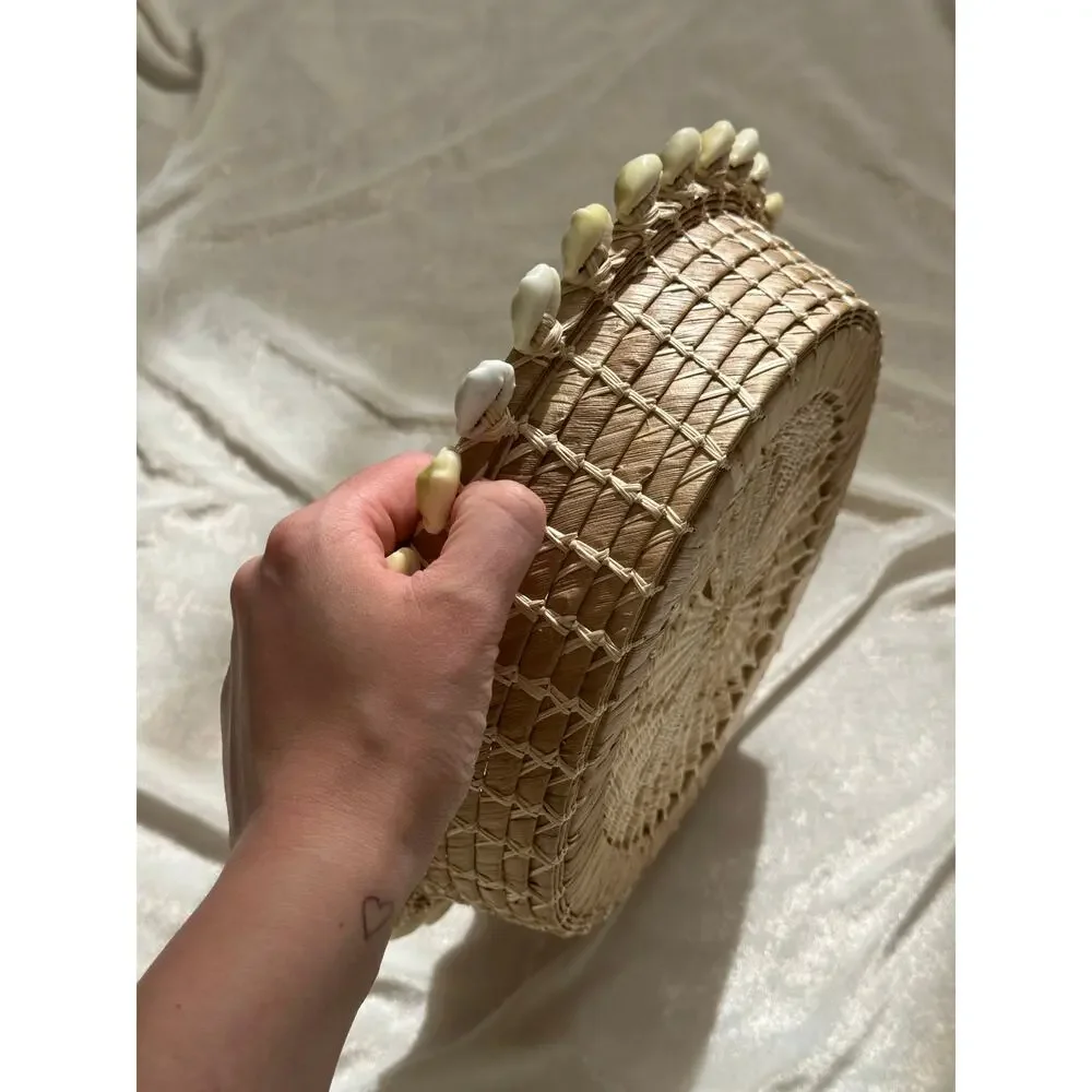 Vintage Hand Woven Seagrass Raffia Bowl Sea Shell Trim & Embroidery Boho Coastal